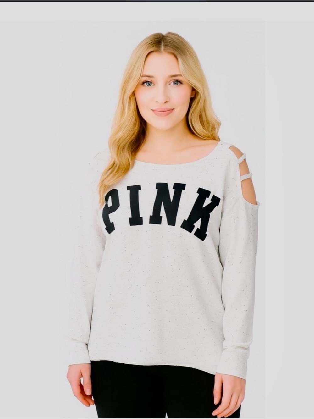 PINK Victoria's Secret White Speckled Cold-Shoulder Sweatshirt with Black Logo